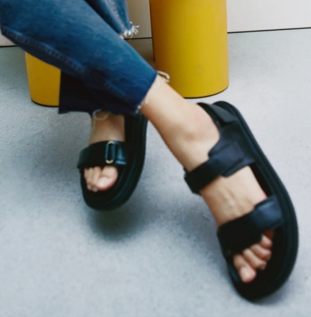 Zara Black Leather Chunky Sandals With Velcro Straps